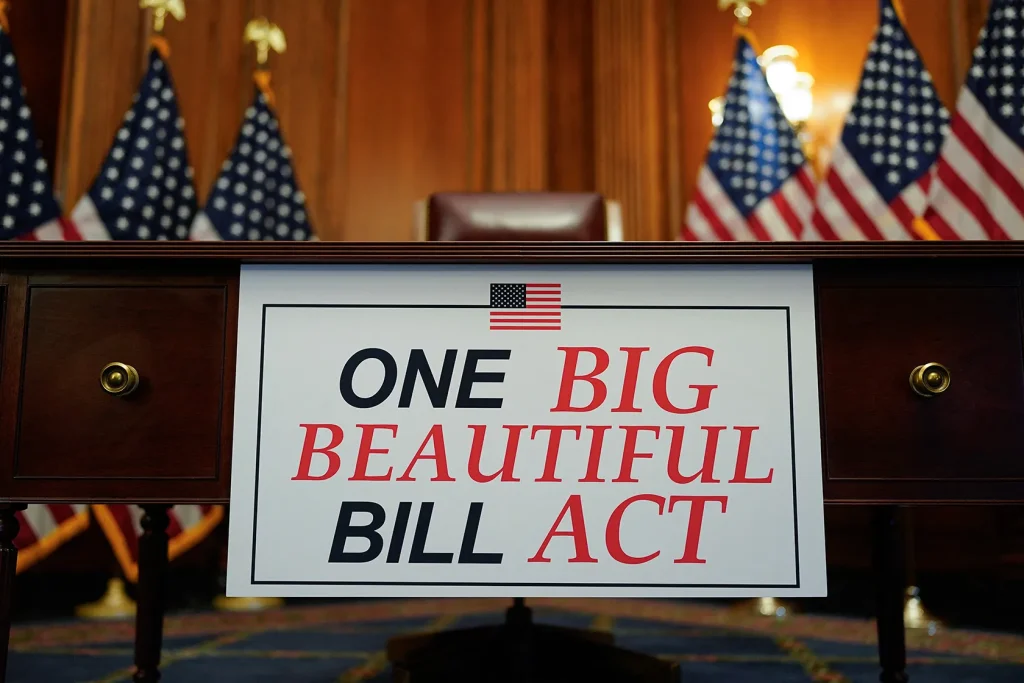 Images shows a banner with the "One Big Beautiful Bill Act" hanging from dark oak table